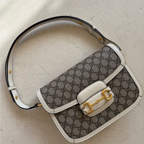Gucci White Leather GG Supreme 1955 Horsebit Shoulder Bag - Picture 1 of 15